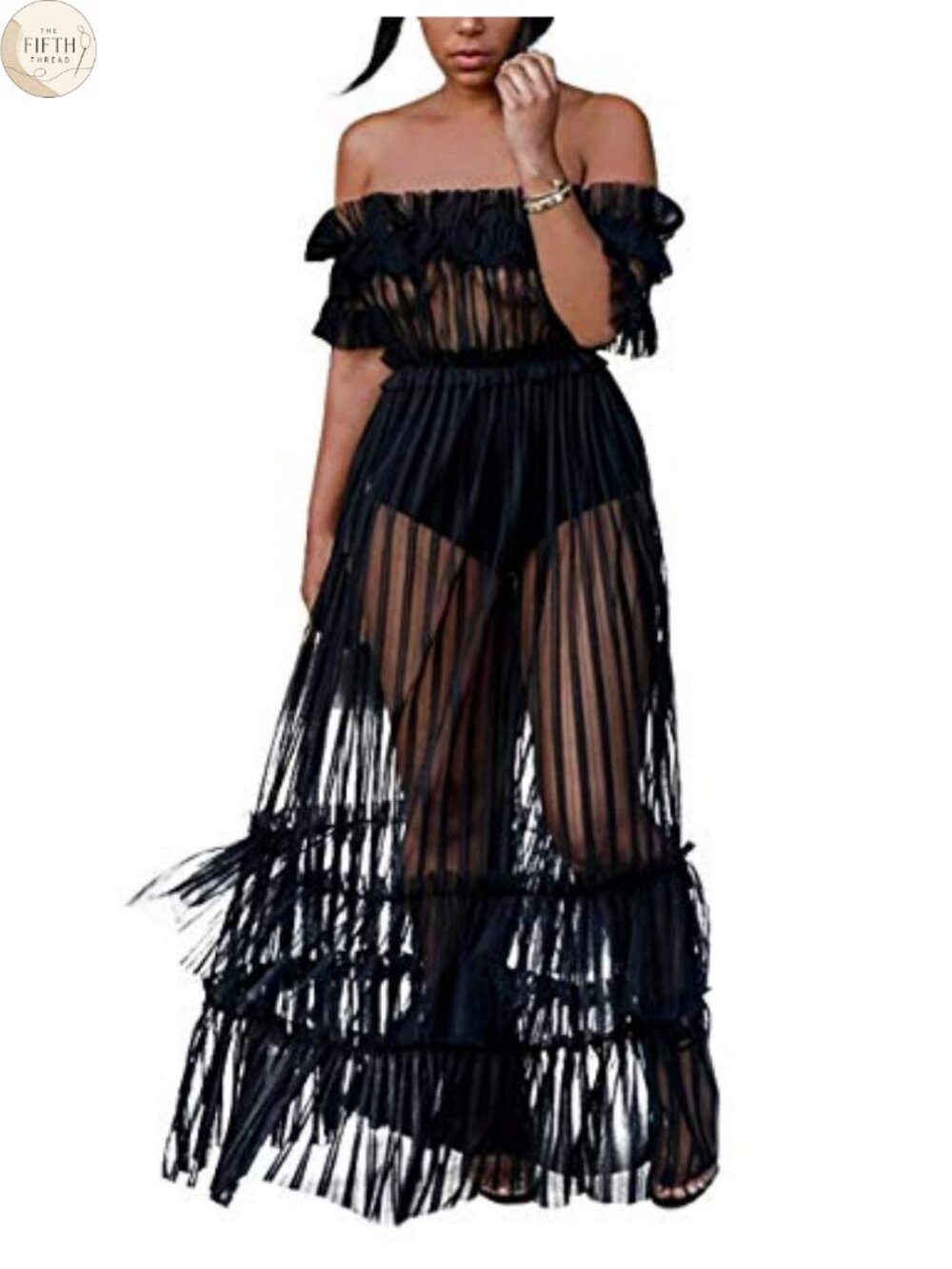 Sheer Mesh Maxi Dress Off Shoulder Tiered Ruffle Swimsuit Coverup